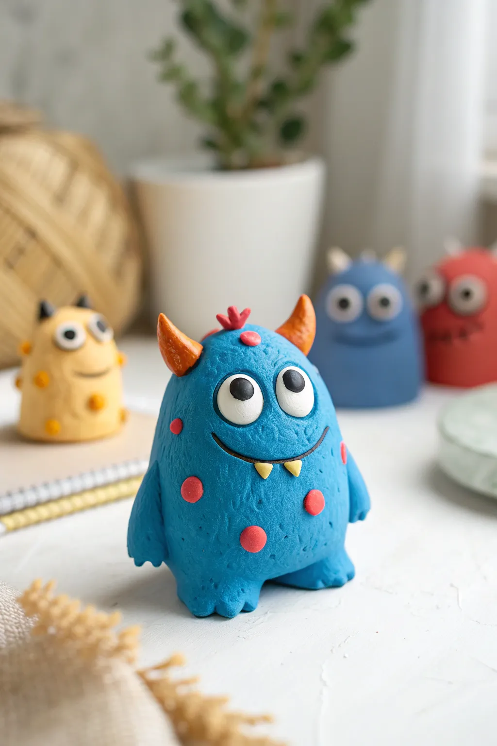 Many-eyed mini clay monsters in bold colors, a simple kid-friendly craft with boho-minimal charm
