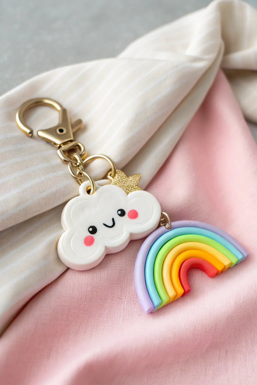 Adorable cloud and rainbow clay keychain tag in bold minimal style, perfect beginner project