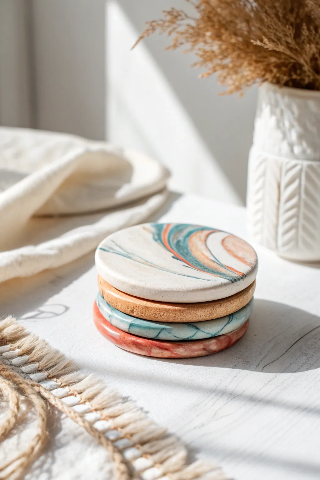 Marbled clay coasters in bold earthy hues, stacked neatly for a simple DIY accent at home.