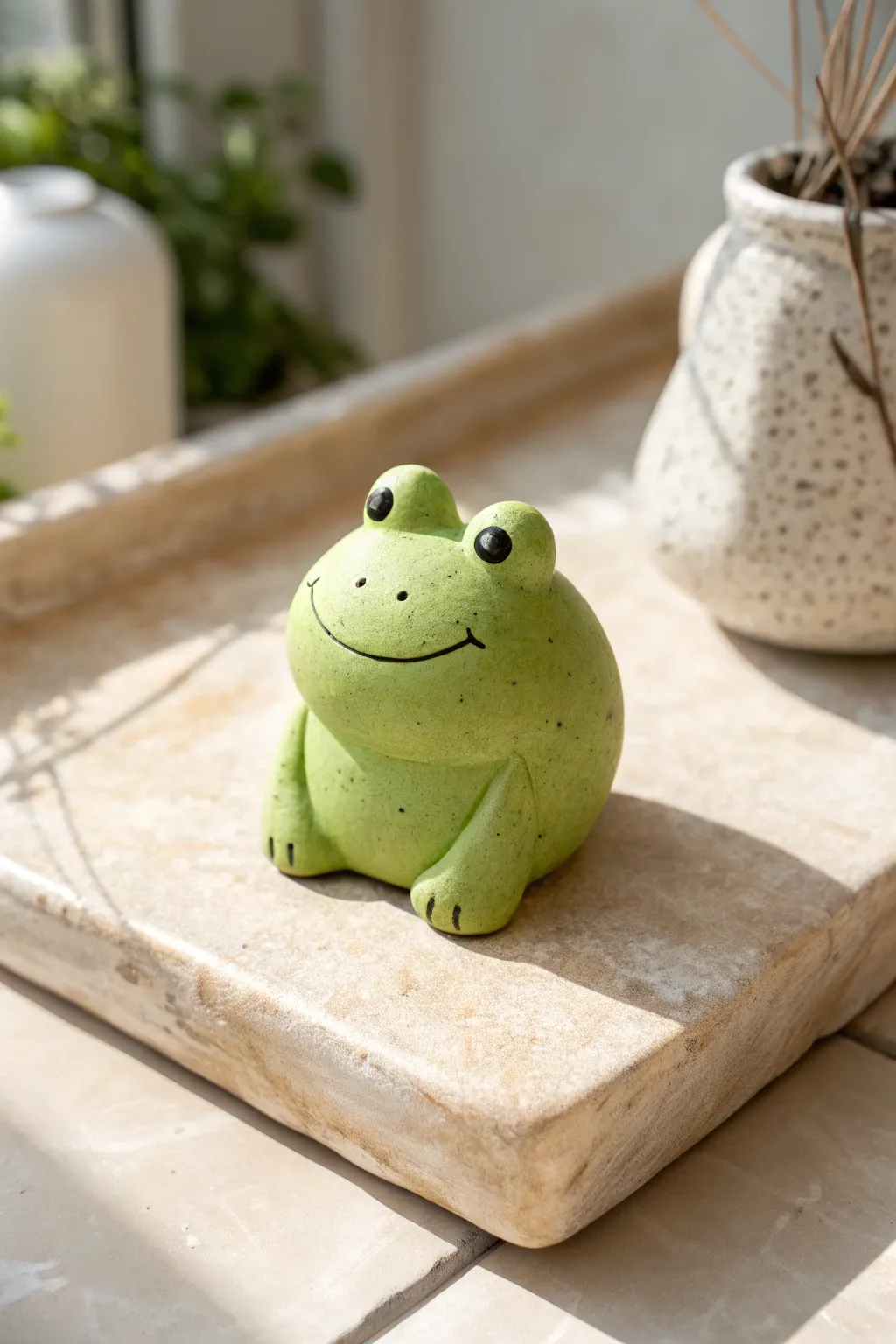 Bright green clay frog buddy with a simple smile, minimalist styling, and cozy natural light.