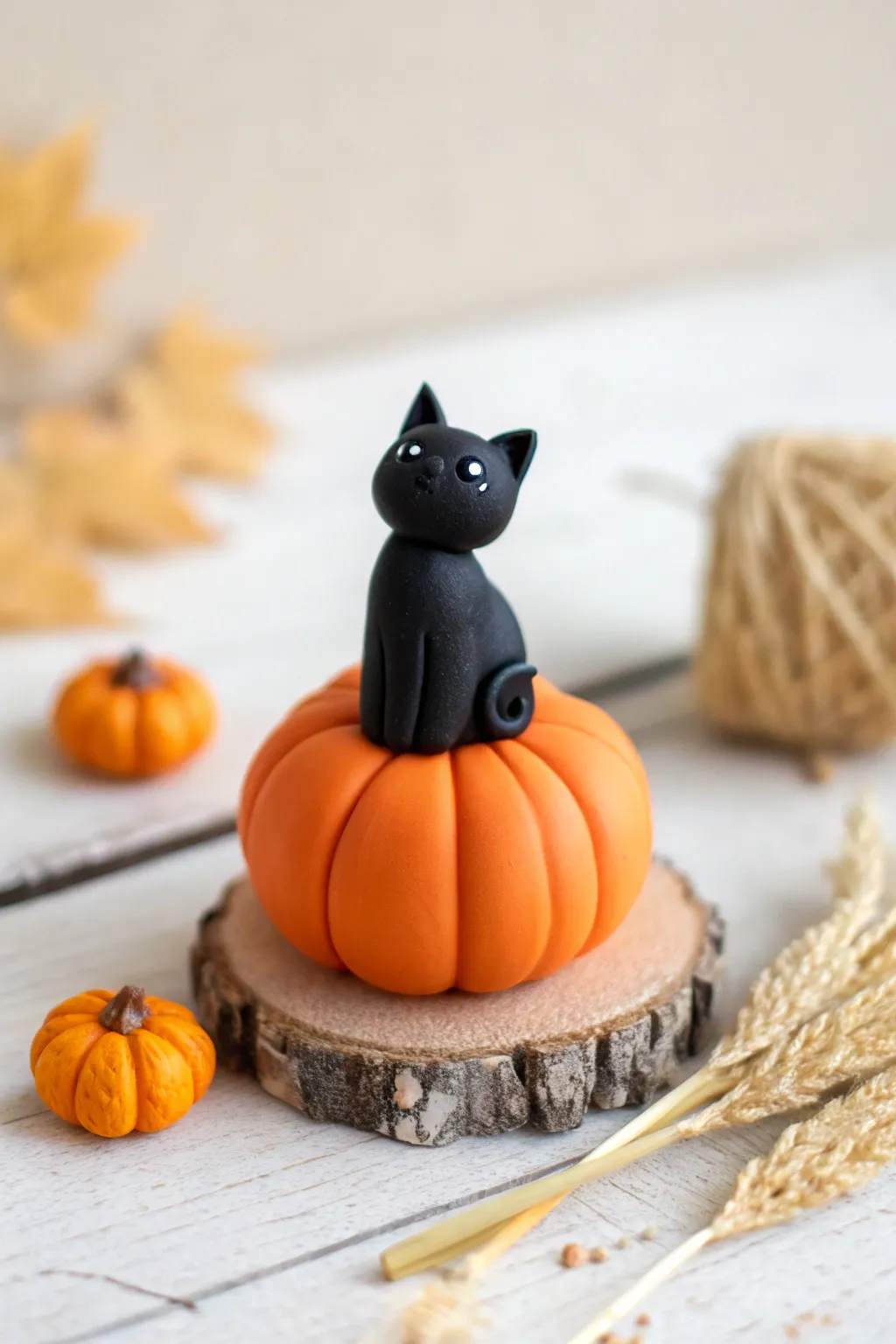 Minimal Halloween charm: a tiny black polymer clay cat perched on a bright pumpkin.