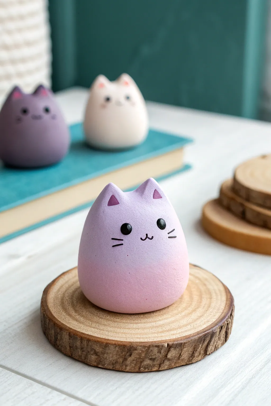 Sweet chibi blob cat in pastel clay, minimalist boho styling with bold teal contrast.