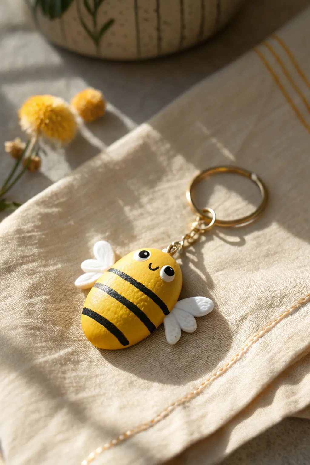 Cute yellow bee clay keychain charm with minimalist wings, perfect easy Pinterest craft inspiration