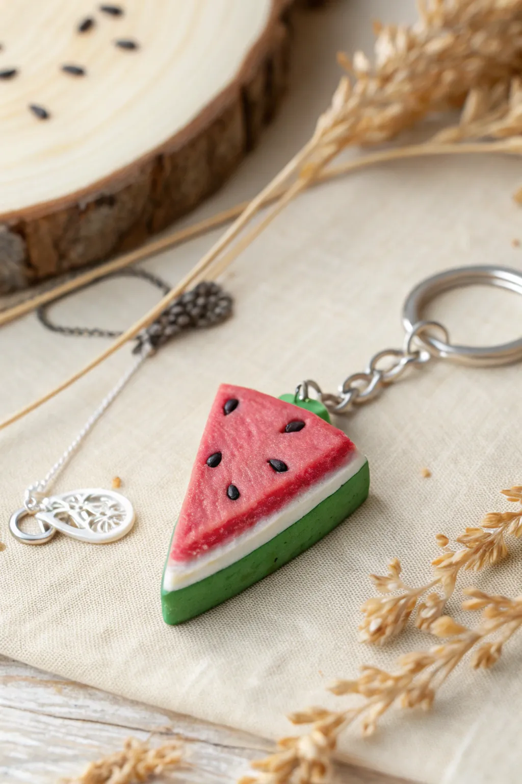 Beginner-friendly polymer clay watermelon slice keychain with crisp layers and bold summer color.