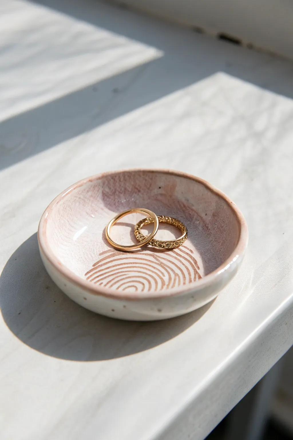 Five-minute thumbprint ring dish in soft pastel glaze, minimal style with a bold clean contrast