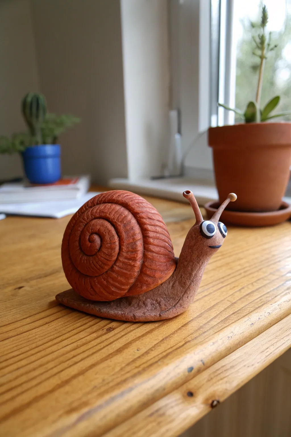 Mini clay snail with a spiral shell, styled on warm wood in a bold minimalist look