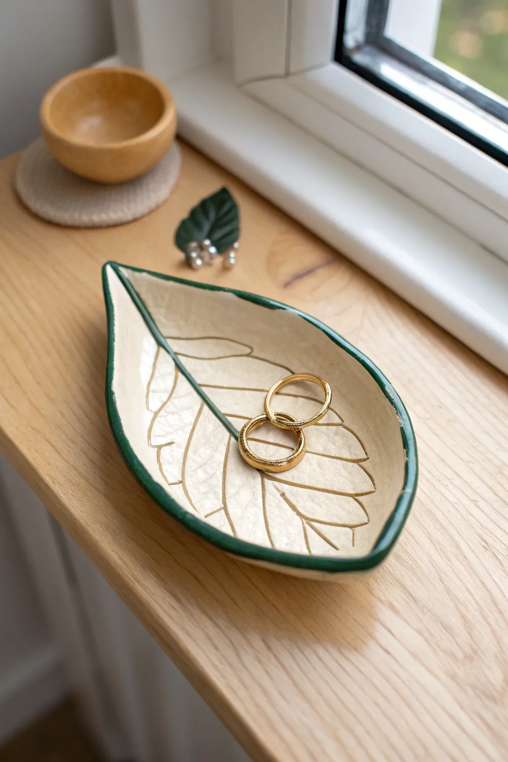 Leaf-shaped slab ring dish with delicate vein texture and a curled tip, styled in minimalist boho.