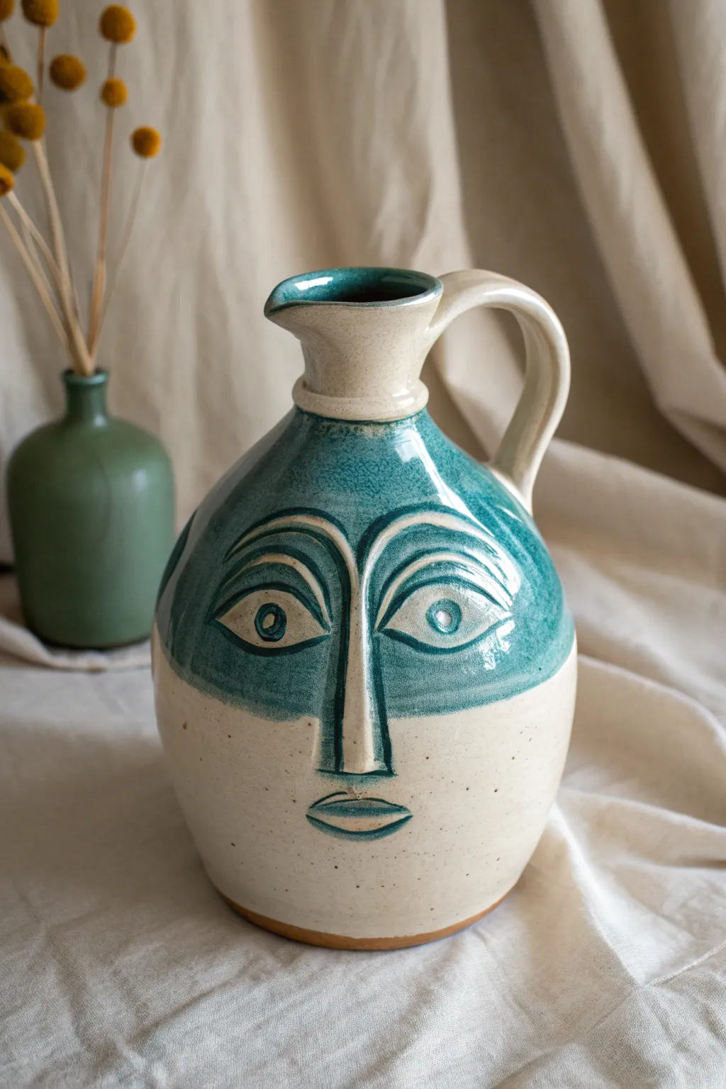 Crooked-nose face jug with playful asymmetry, bold glaze, and minimalist boho styling.