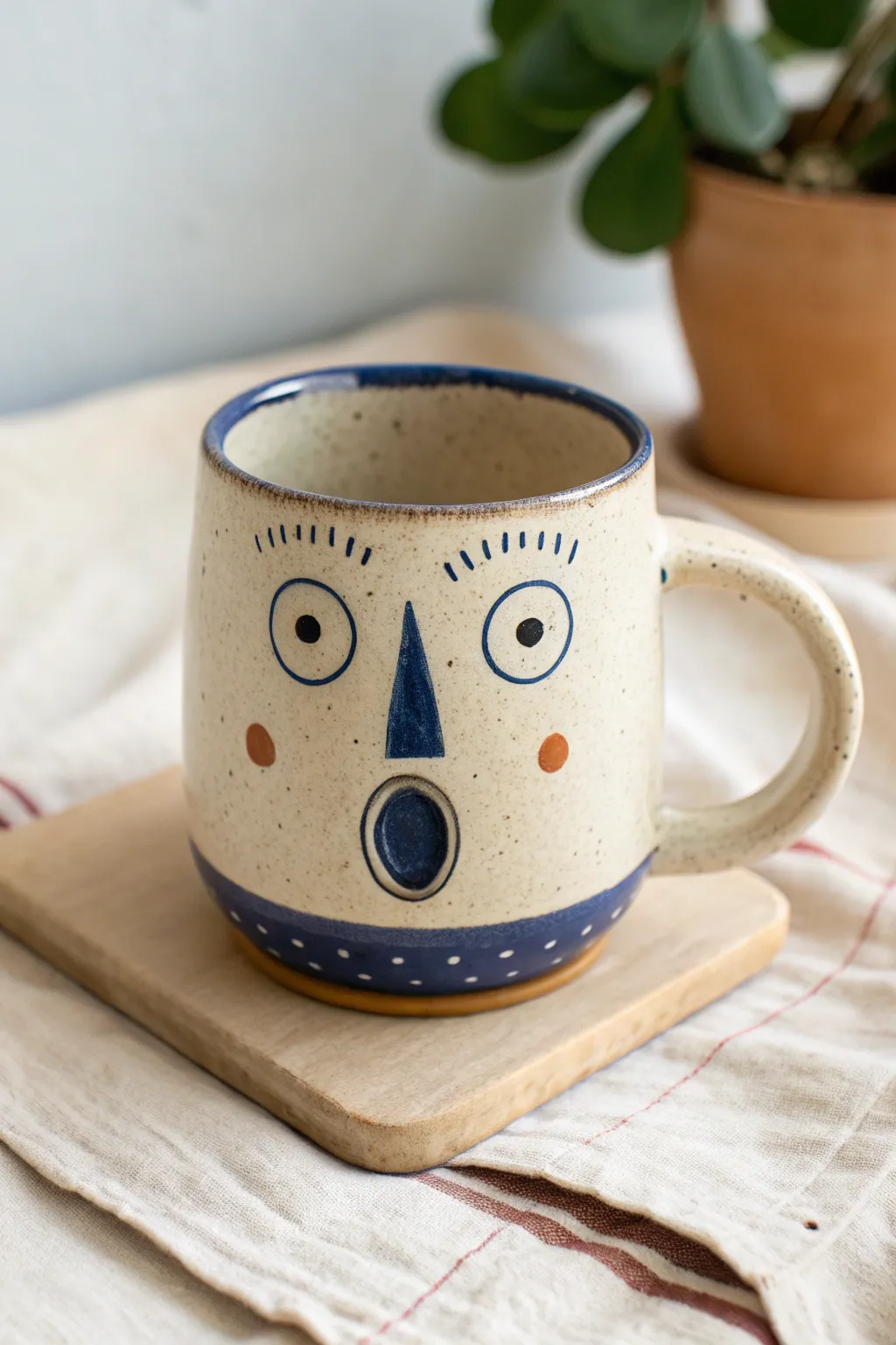 Surprised O-mouth face mug in bold two-tone glaze, minimalist Nordic-boho handmade charm