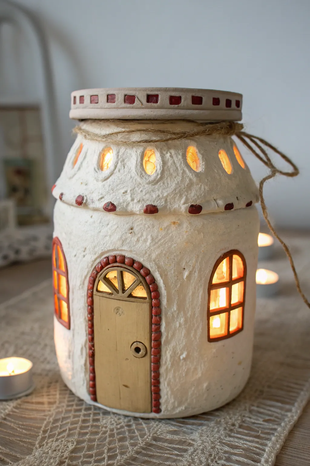 Cozy jar-wrapped fairy house lantern with a warm glow, minimalist clay charm, and boho accents