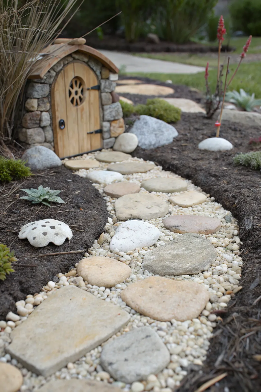 Mini clay stepping stones winding to a fairy door, minimalist boho charm in soft neutrals