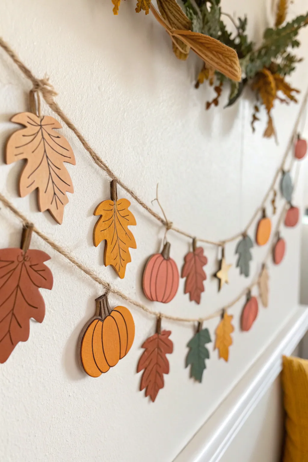 Minimal fall air dry clay garland in warm earthy tones, perfect for cozy Scandinavian decor.