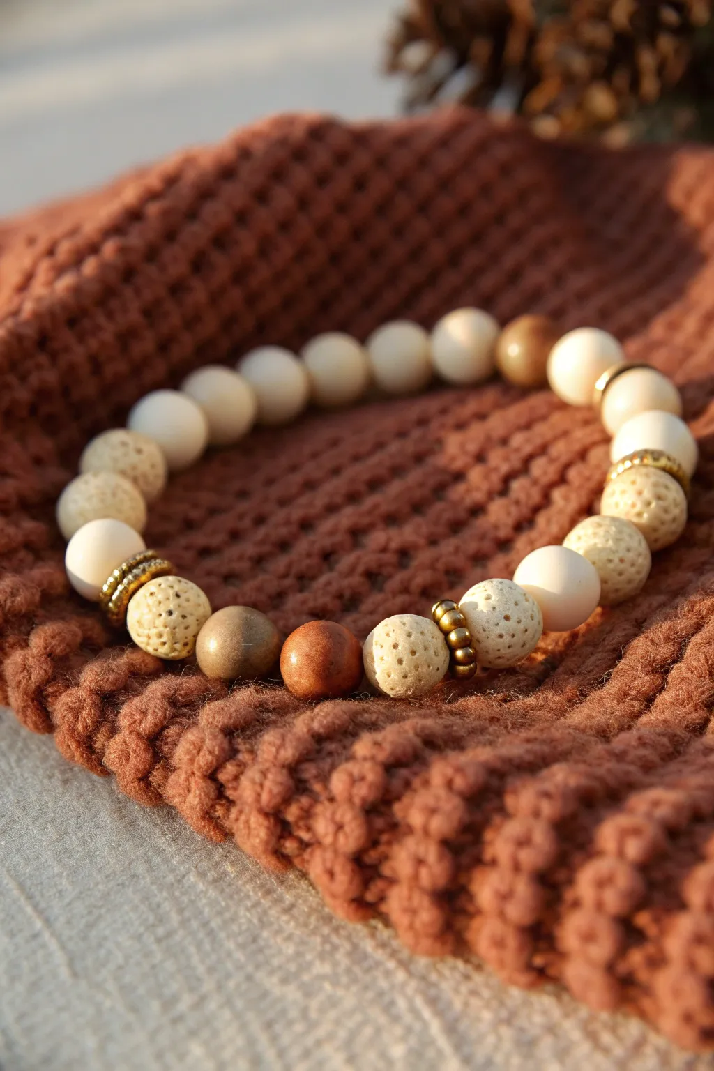 Neutral fall clay bead bracelet with warm metallic spacers on cozy knit, minimalist boho glow.