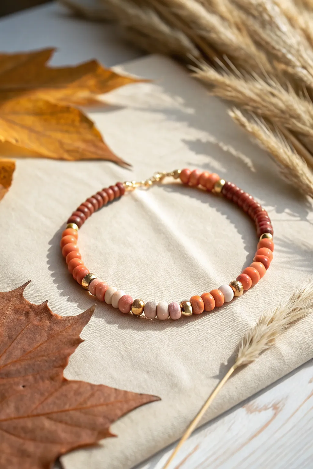 Warm fall heishi bracelet with golden spacers, styled with dried leaves for cozy autumn glow.