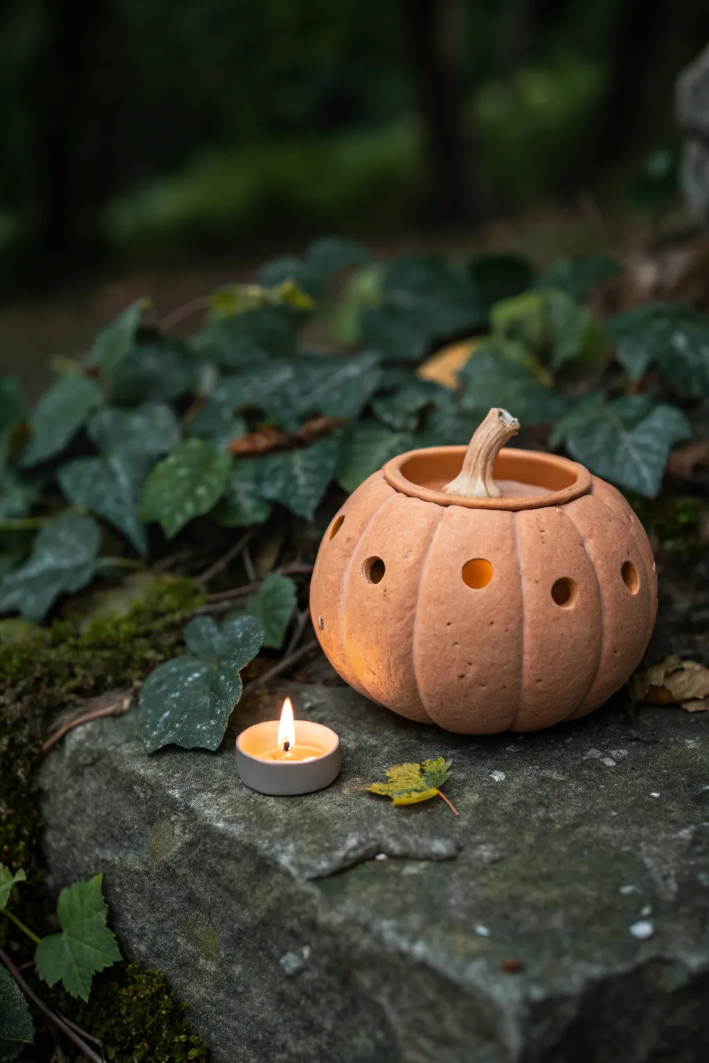 Handmade clay pumpkin tea light holder glowing softly, minimalist autumn decor with cozy warmth.
