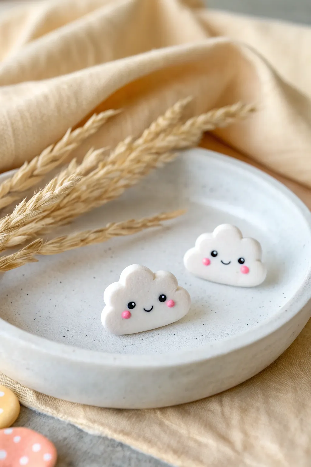 Pastel cloud kawaii studs in Fimo, clean Scandinavian styling with a soft boho touch.