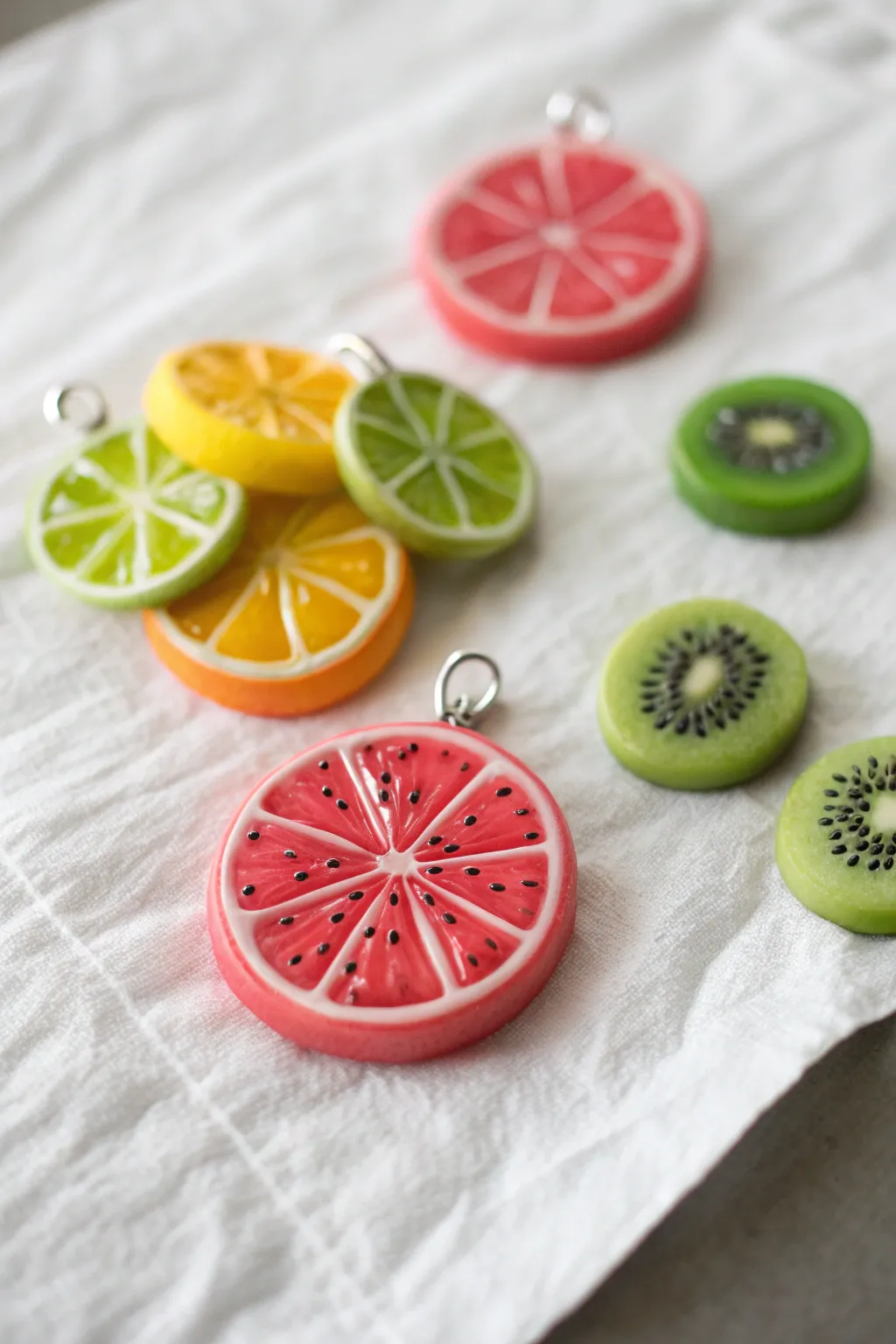 Juicy flat clay fruit slice charms in bold color, minimalist styling, glossy pops, and clean contrast