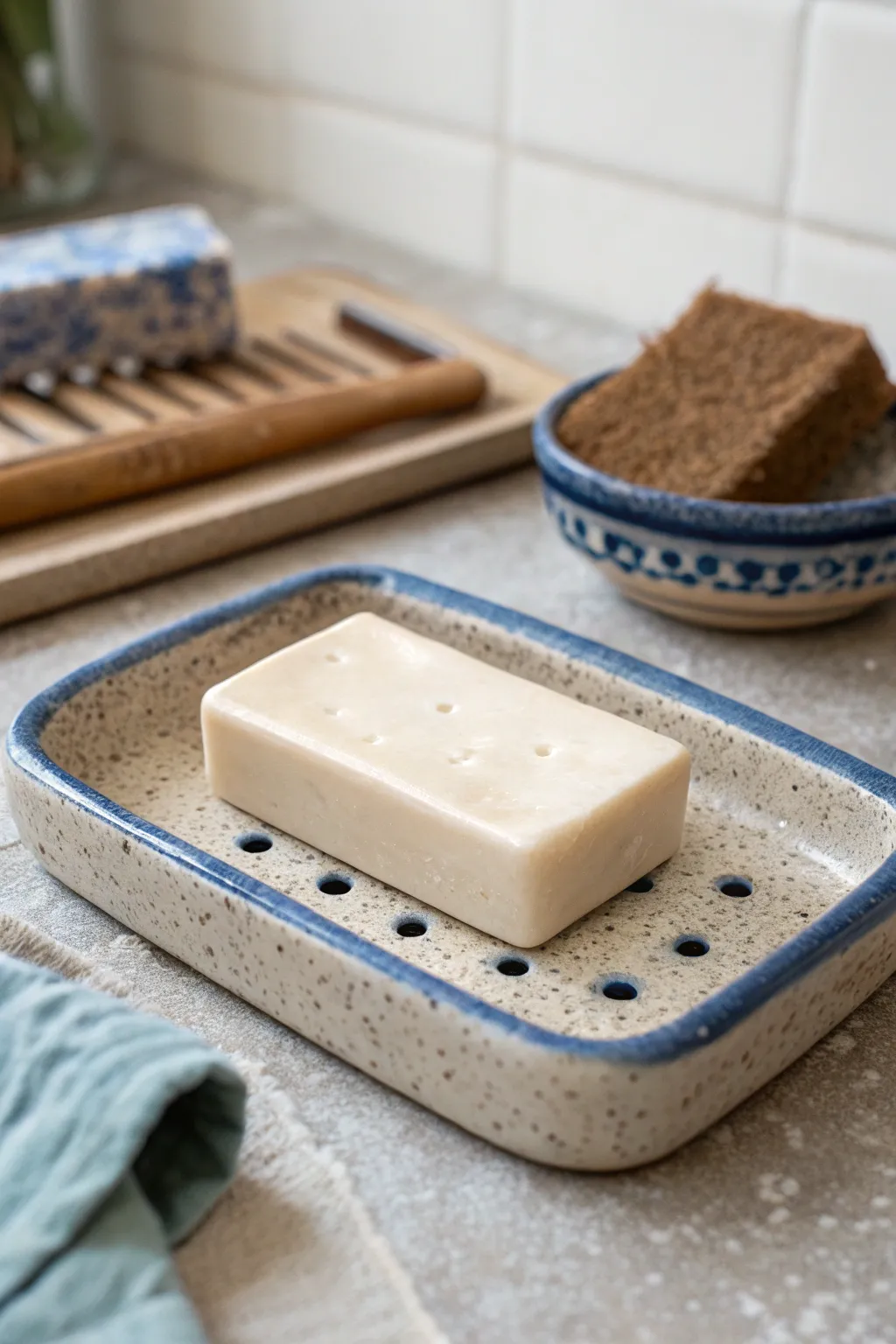 A sleek draining slab soap dish with carved channels keeps your bar dry, clean, and beautiful.