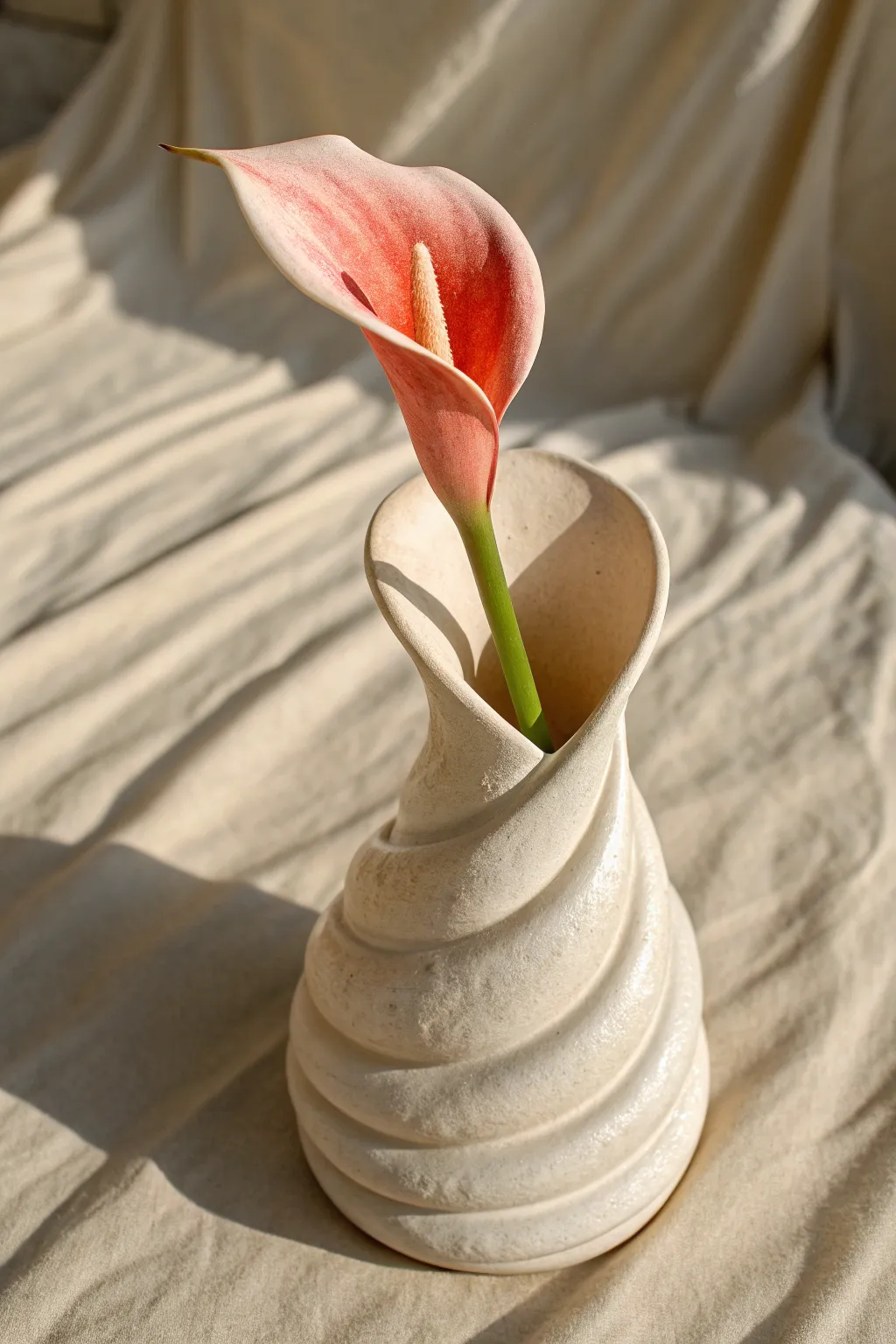 Sleek calla lily clay sculpture with wrap petals and a bold center for minimalist boho decor.