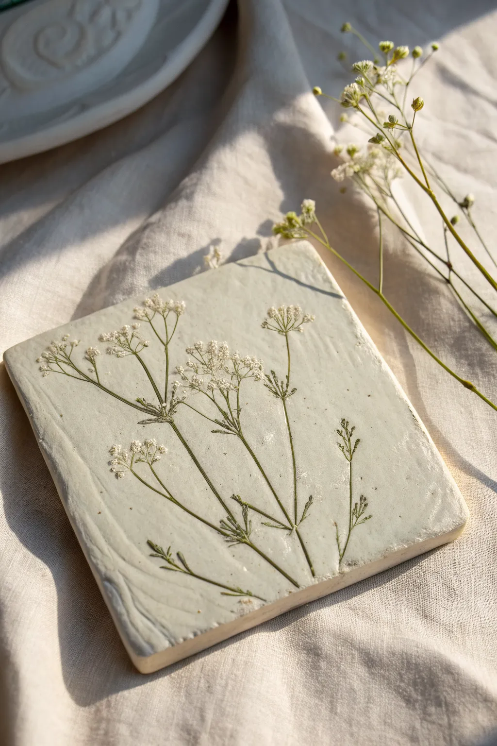 Pressed wildflower imprint tile in airy clay tones, minimalist boho with crisp detail.