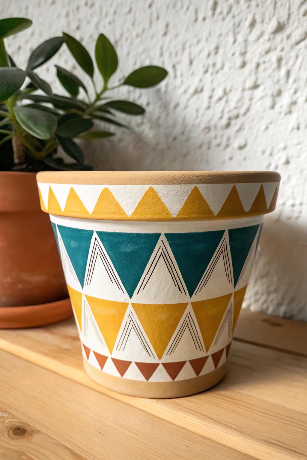 Easy geometric tape pattern in bold boho hues on terracotta for a chic handmade pot.