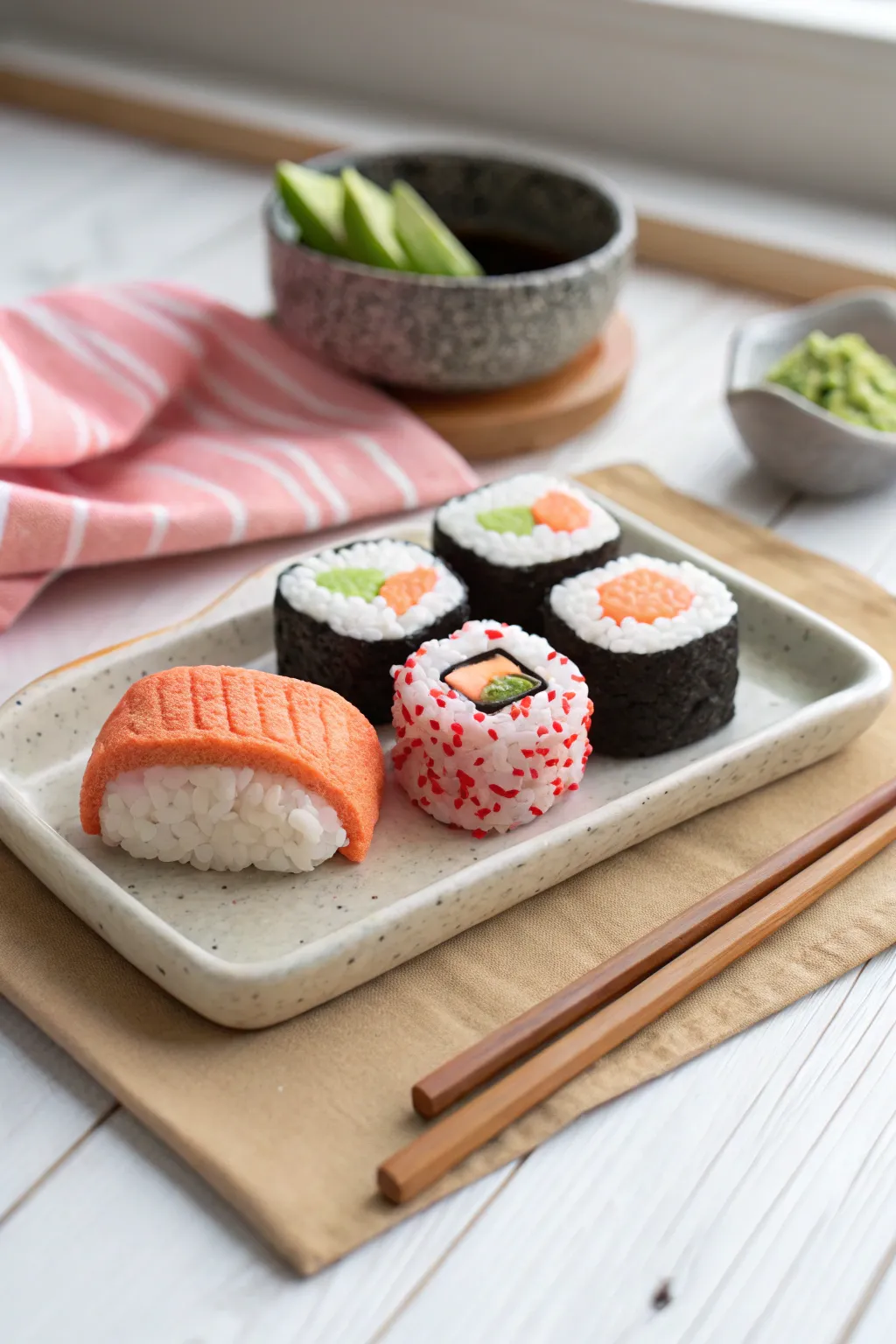 Tiny foam clay sushi minis on a minimalist tray, bold colors and cozy Scandinavian calm