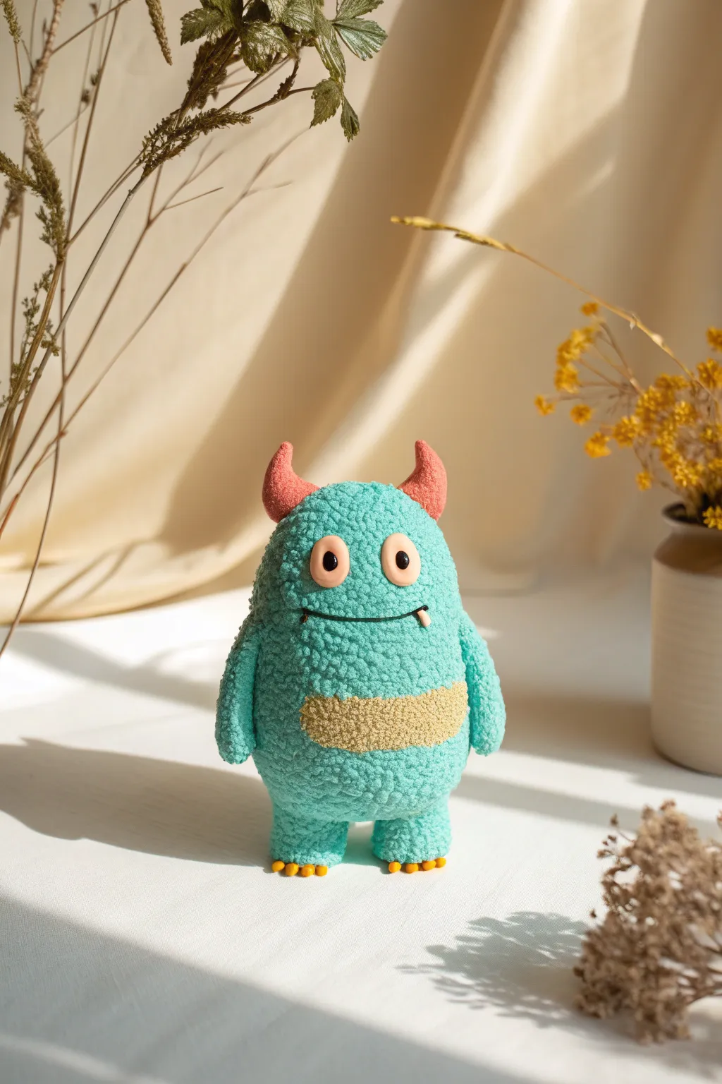 Chunky foam clay monster with bubbly skin and tiny horns, a playful minimal-boho statement.