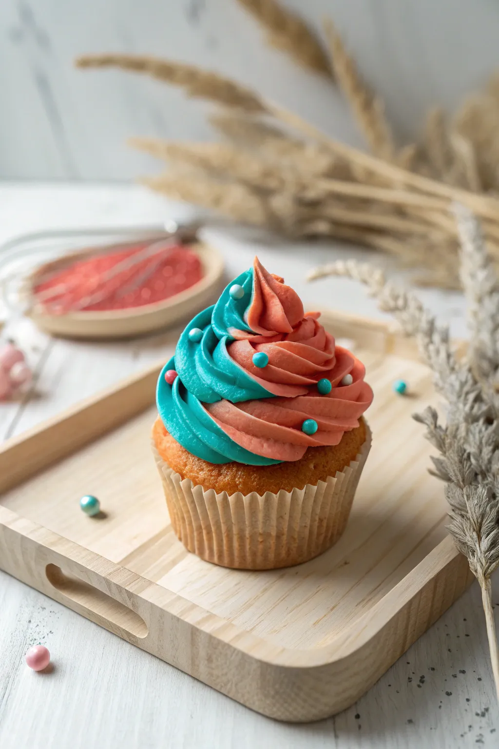 Sweet foam clay cupcake topper with swirled frosting and sprinkles in a minimal boho scene