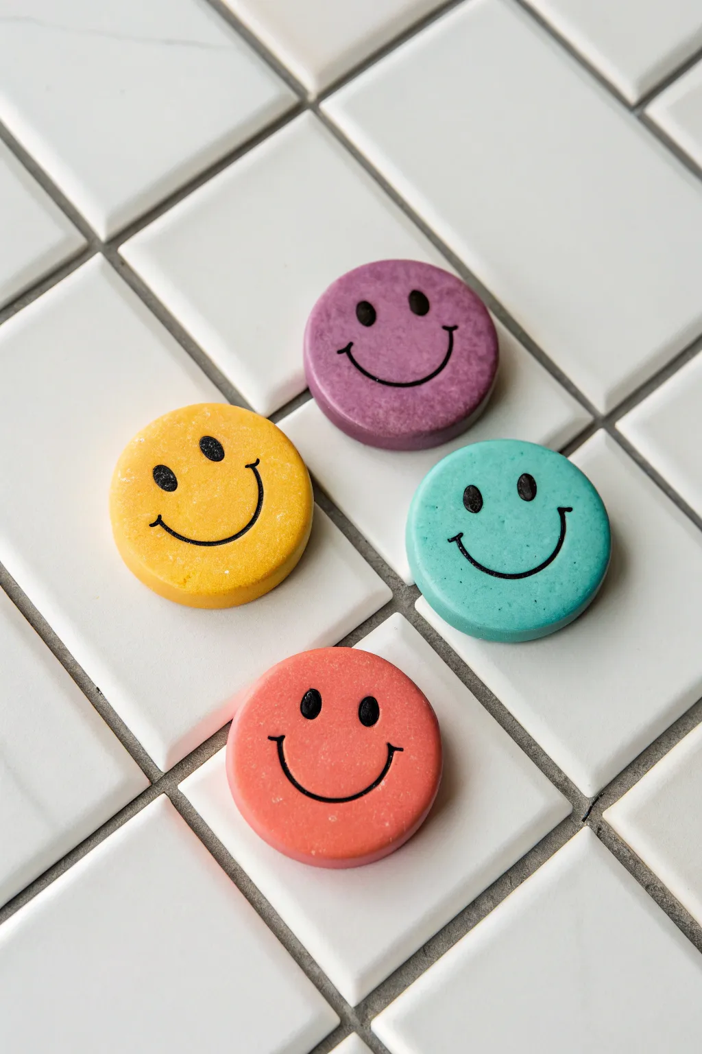 Colorful foam clay smiley face fridge magnets in a clean grid, an easy beginner DIY.