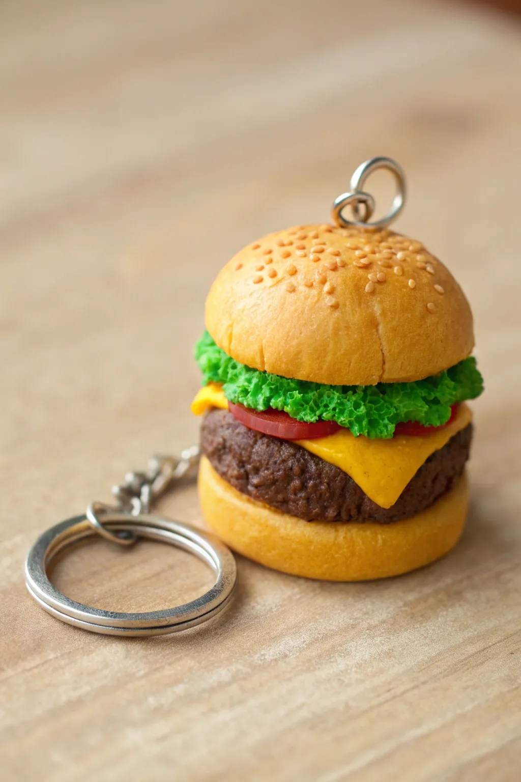 Mini burger slider foam clay keychain charm, bold layers and minimalist styling for cute everyday flair.