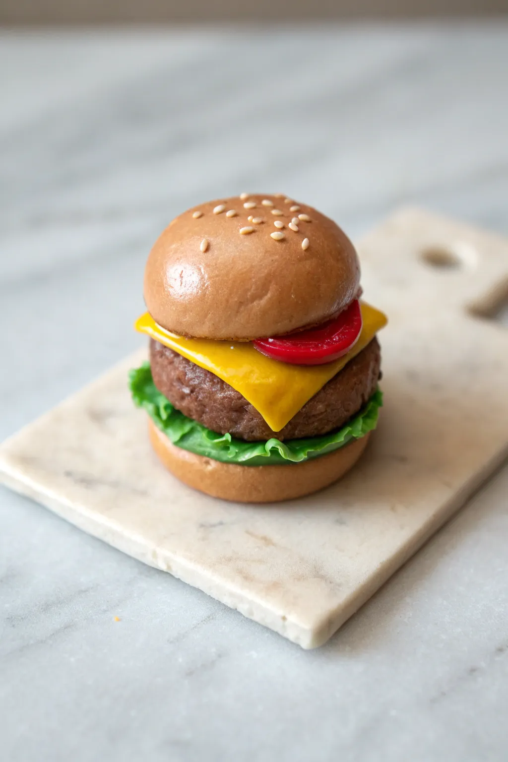 Mini clay burger with bold layered fixings, styled minimal and cozy for a modern boho look