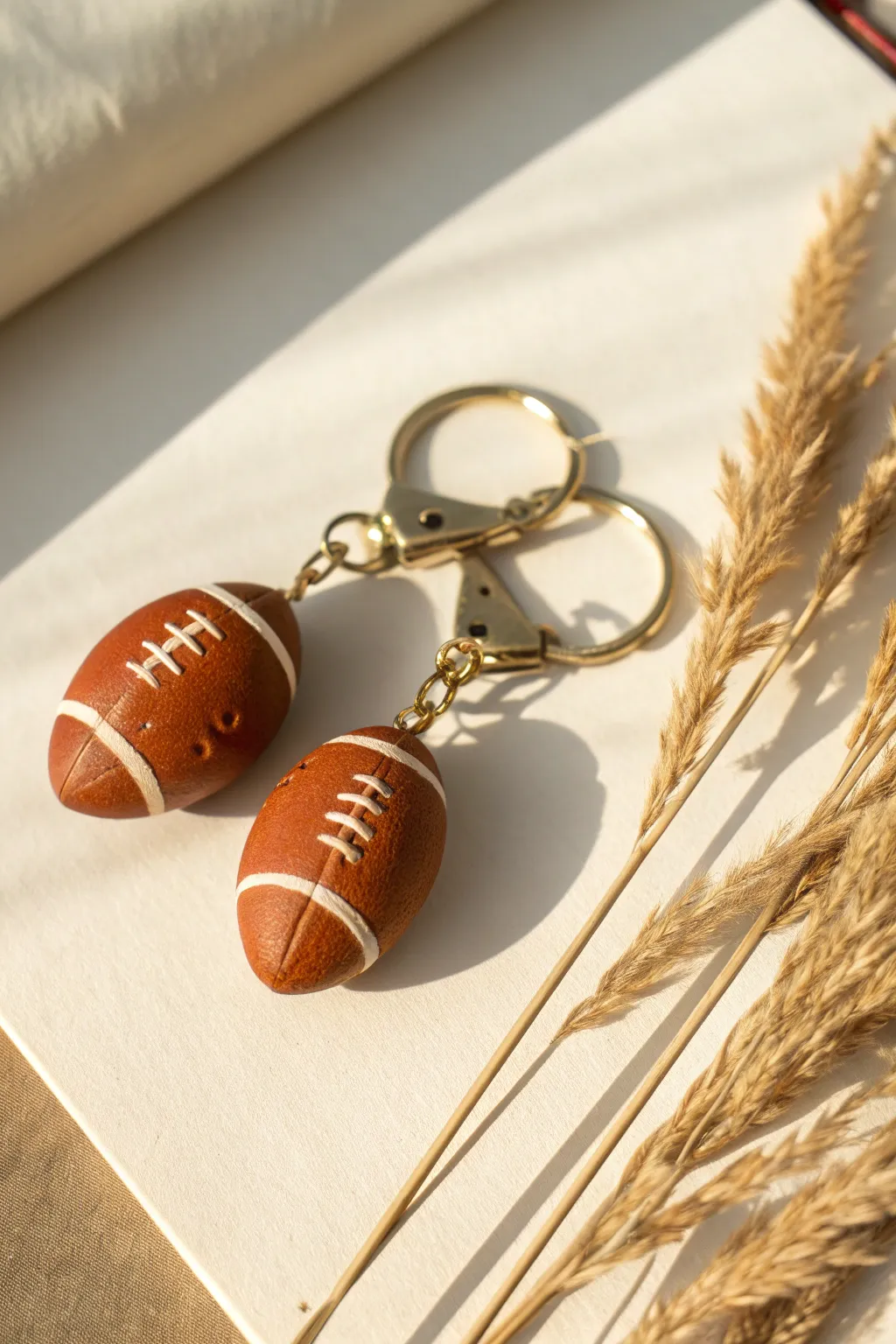 Handmade clay football charm keychain in glossy burnt orange, simple and giftable for fans.