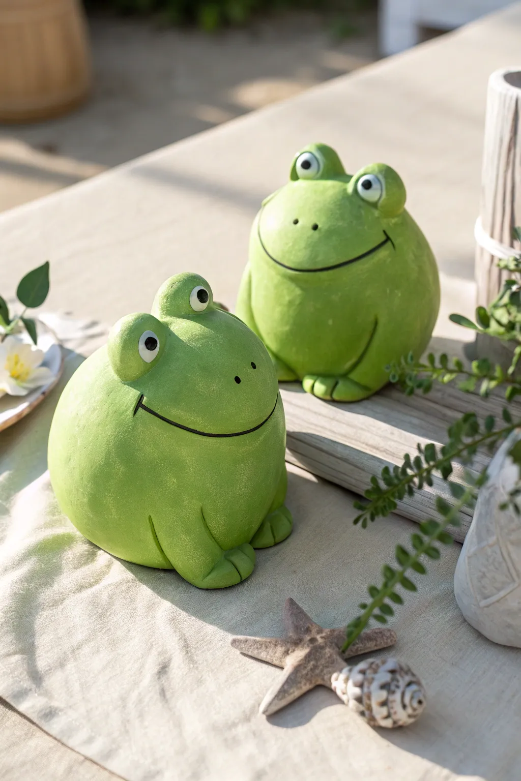 Happy green clay frogs with big cheeks, a cute and easy kids clay idea for playful crafts