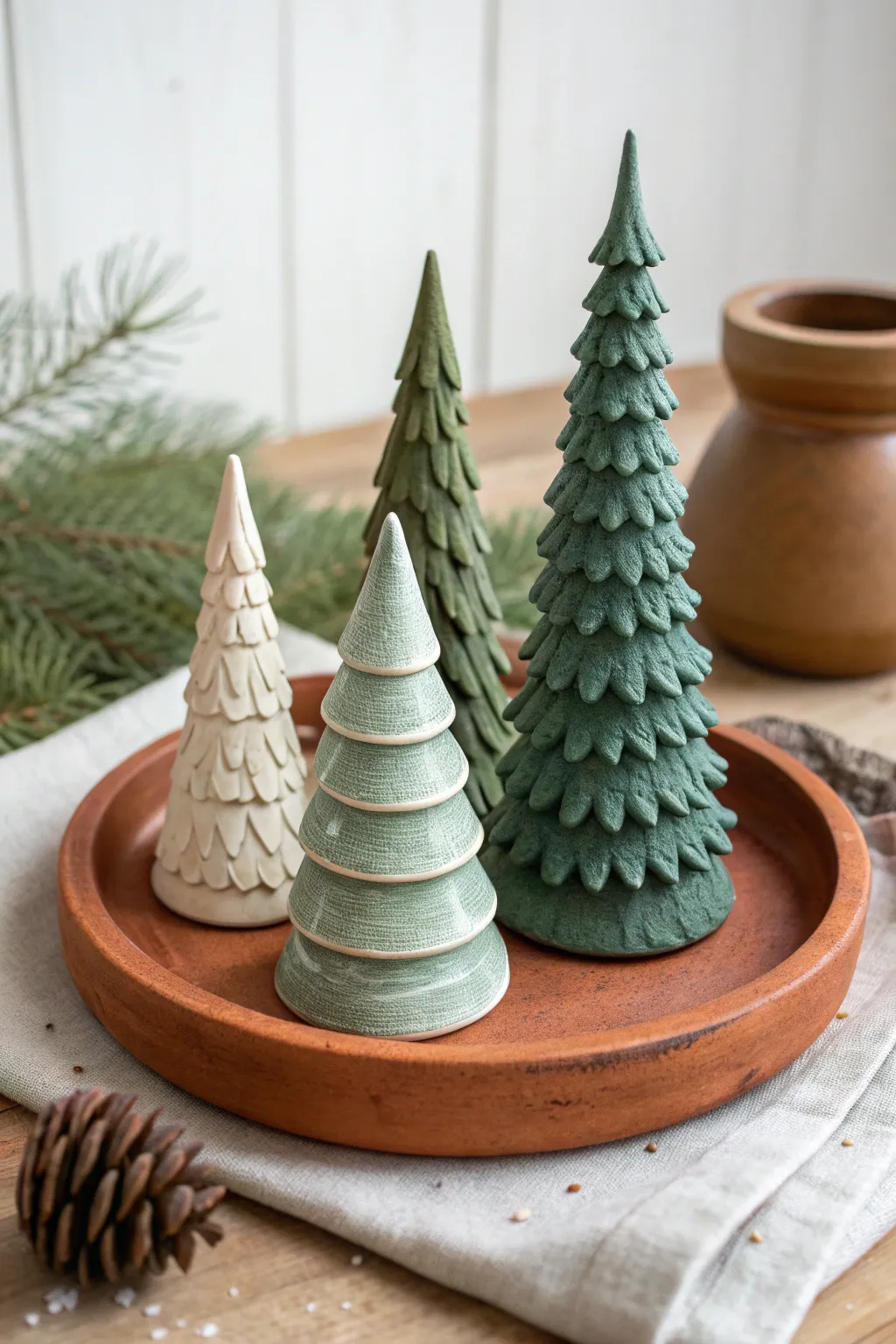 Mini clay pine grove in muted greens, simple shapes and textures for cozy forest decor.
