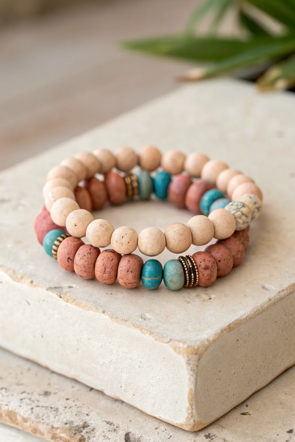 Coordinated clay bead bracelets with a swapped accent bead, a sweet best-friend gift idea.