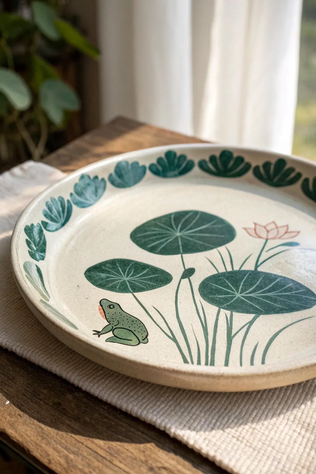Minimal lily pad plate with a cute frog center, bold greens on warm white stoneware.