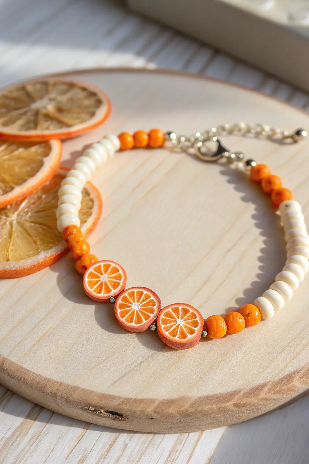 Creamsicle-inspired bracelet with orange slice clay beads and cozy minimalist wood styling.