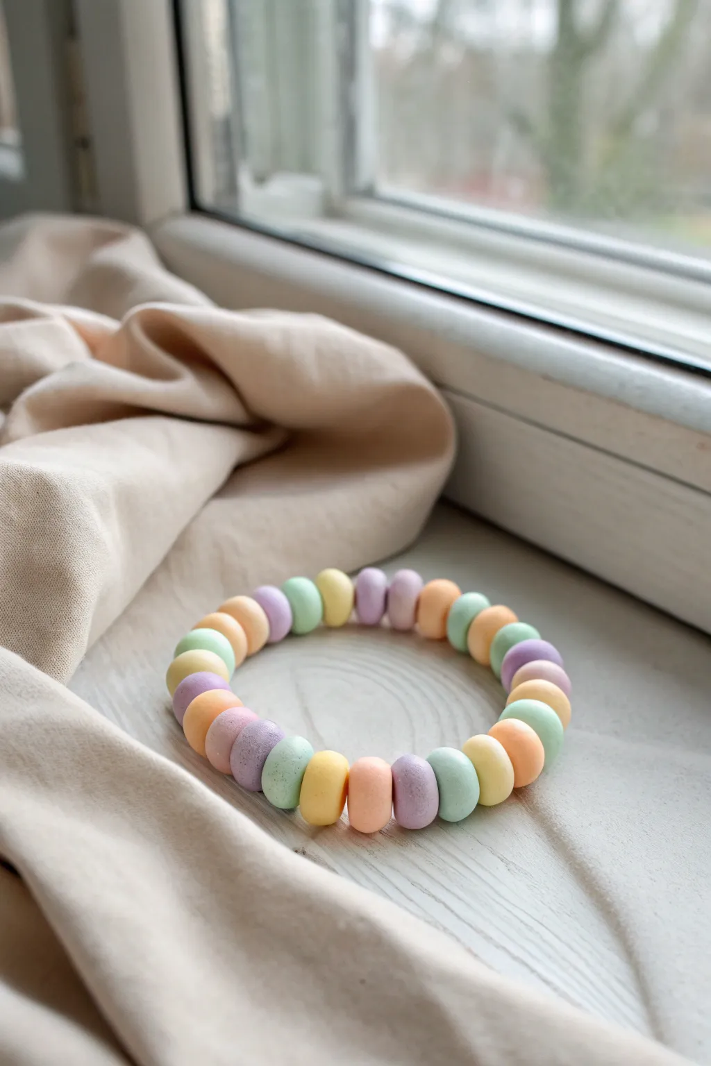 Pastel sorbet clay bead bracelet with cozy linen styling for a soft minimalist boho vibe