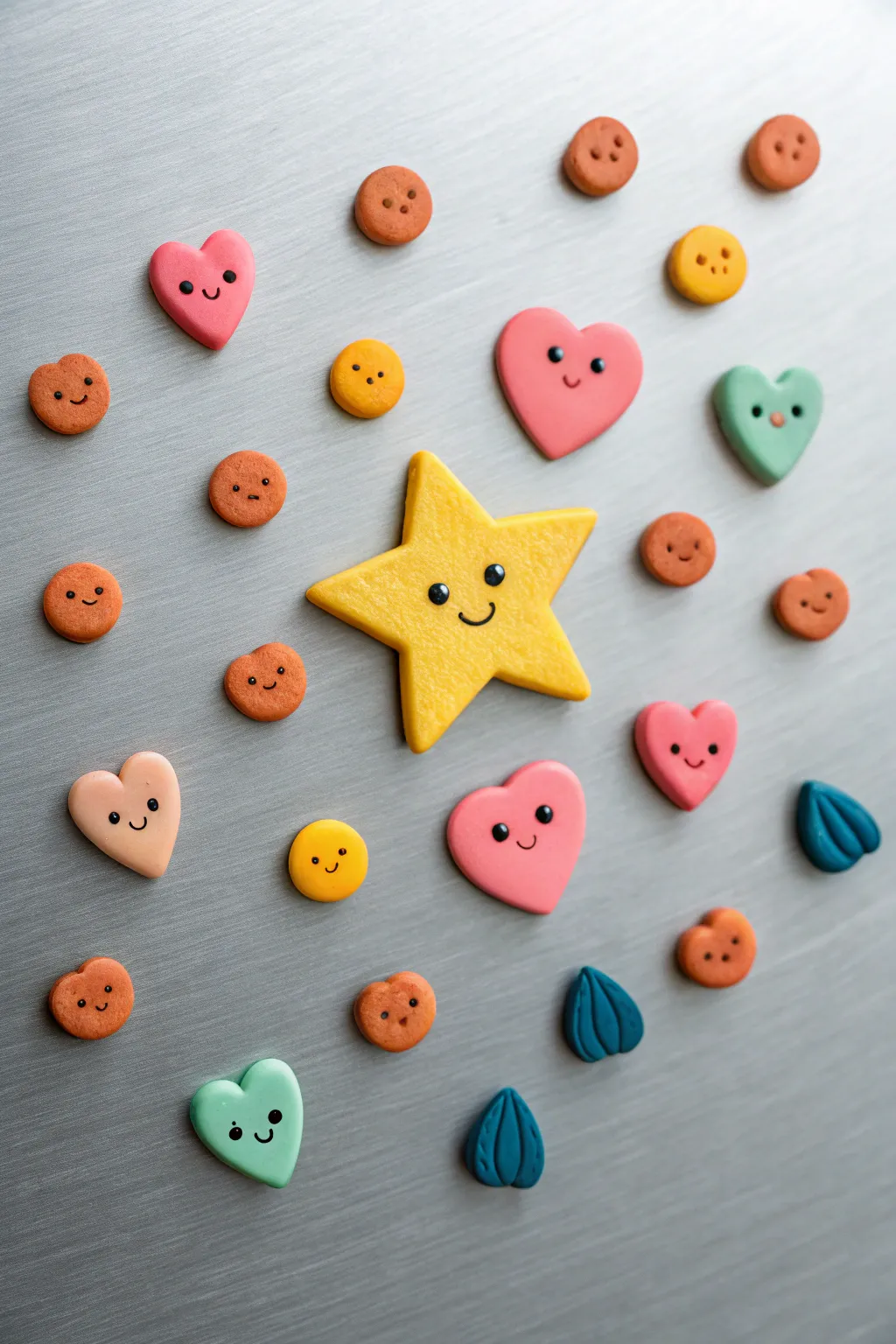 Happy little clay fridge magnets in bold colors, neatly lined up for an instant kitchen smile.