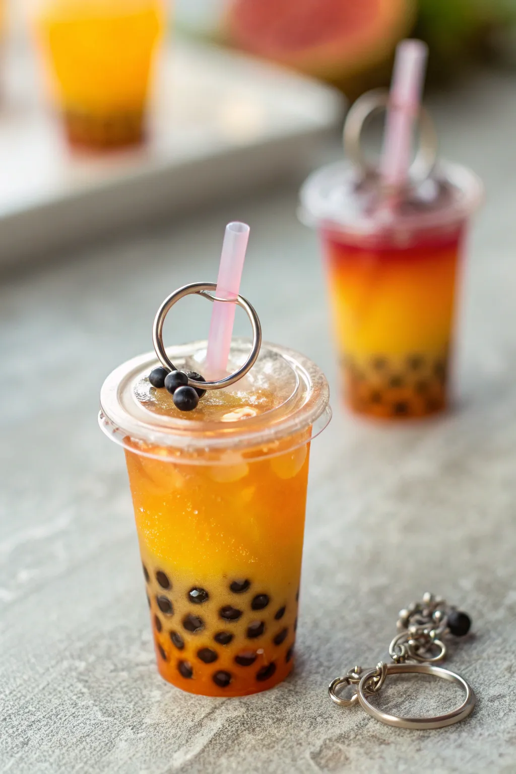 Mini bubble drink charm with dark pearls and translucent ice, styled in bold minimalist tones.