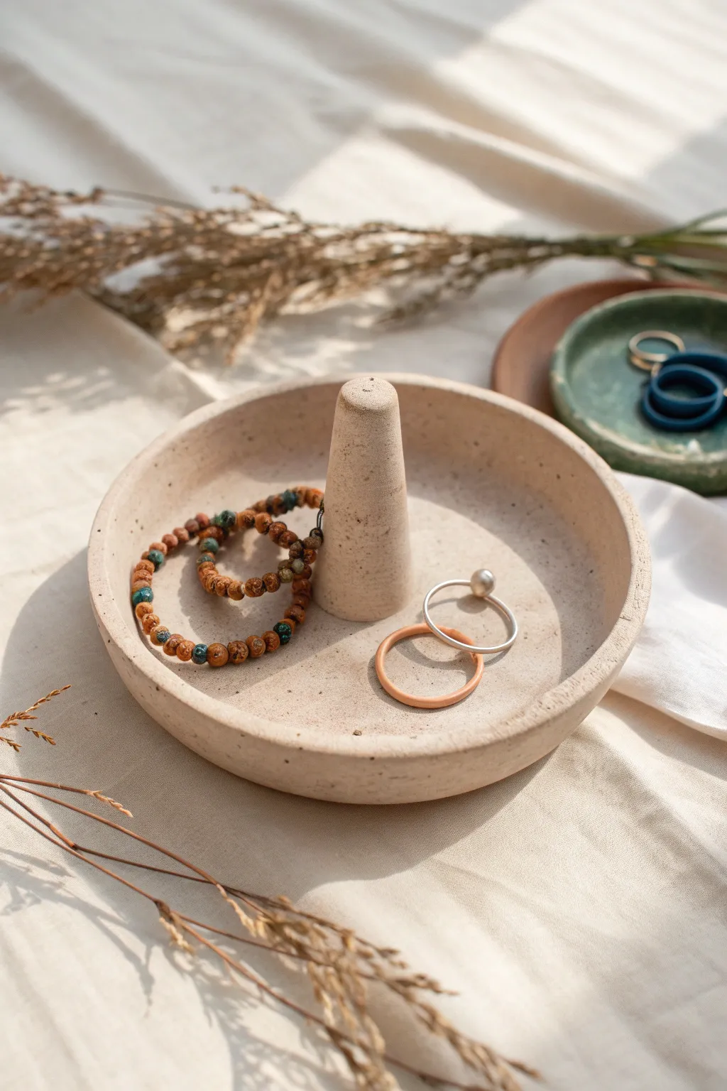 Air-dry clay jewelry dish with center post, keeping bracelets, studs, and ties tidy.