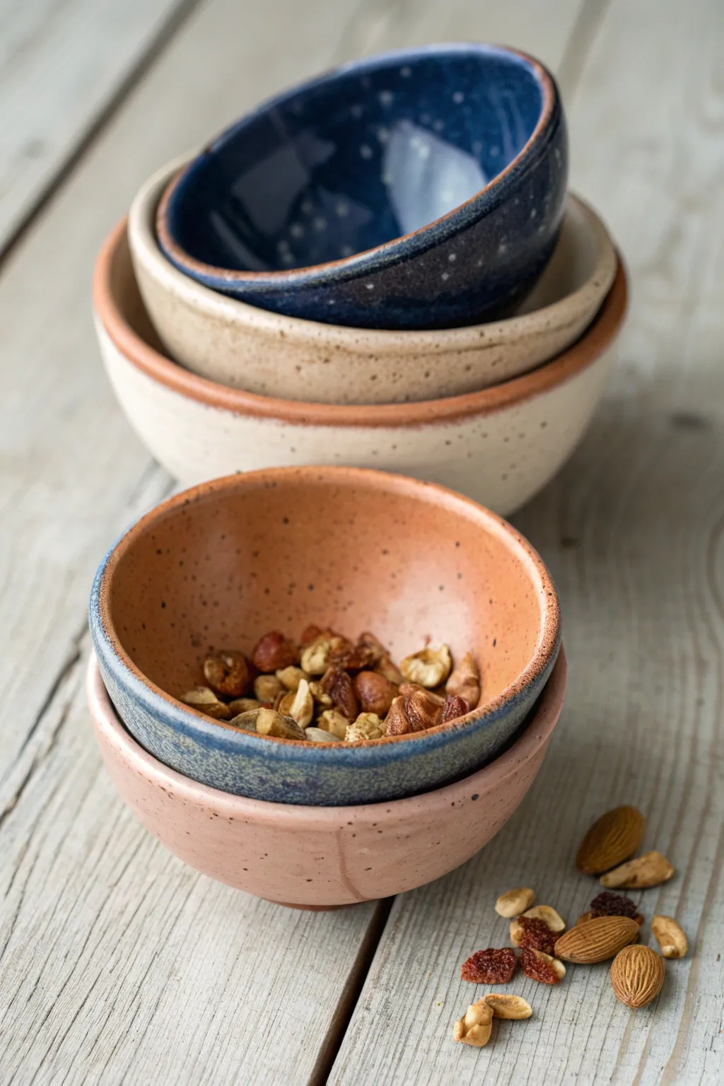 Stacked handmade pinch bowls in bold earthy tones, perfect for snacks and prep.