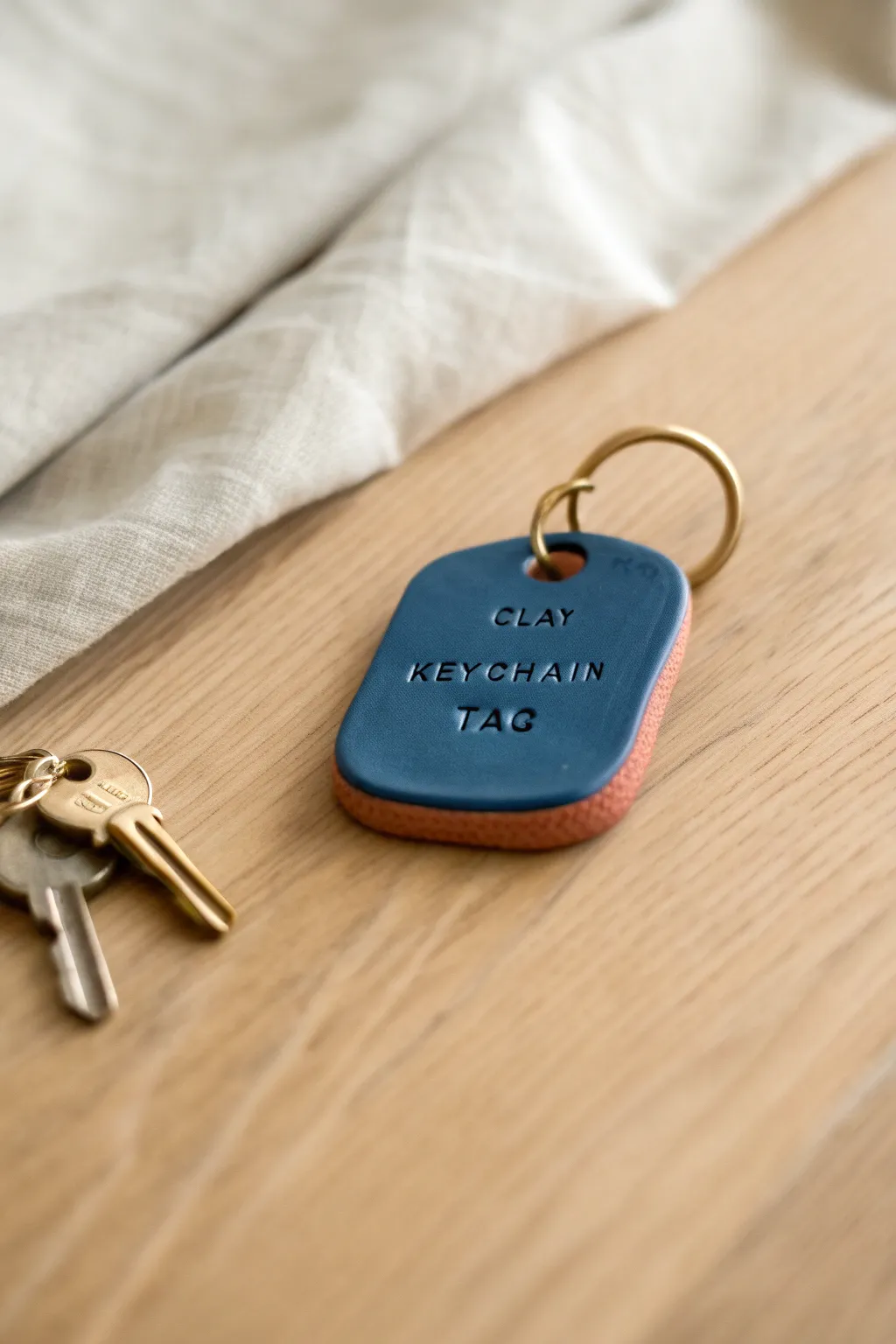 Minimalist polymer clay keychain with stamped initials, bold color, and cozy Scandinavian vibe.