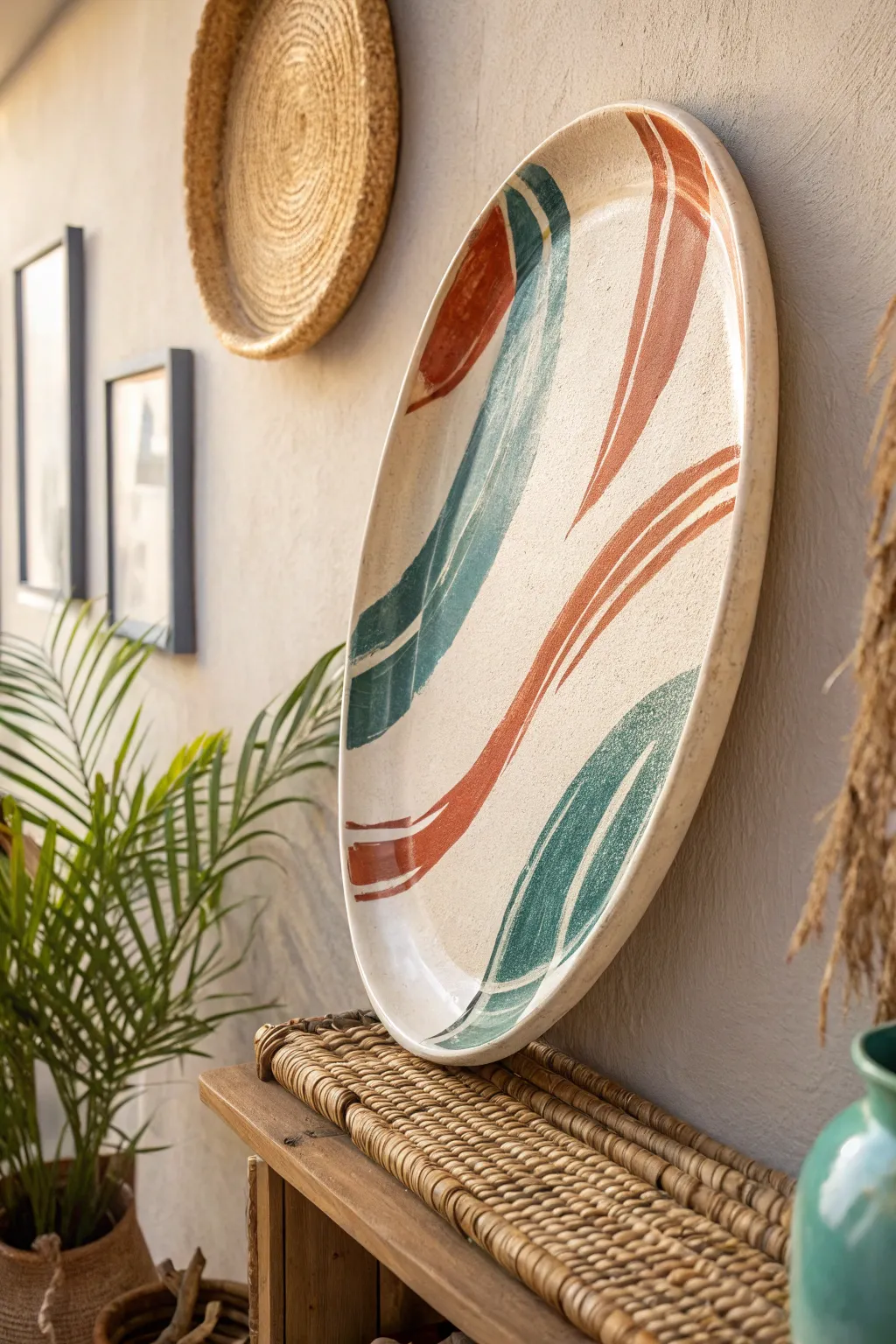 Functional platter meets wall art: bold glaze on minimalist stoneware for a modern boho kitchen.
