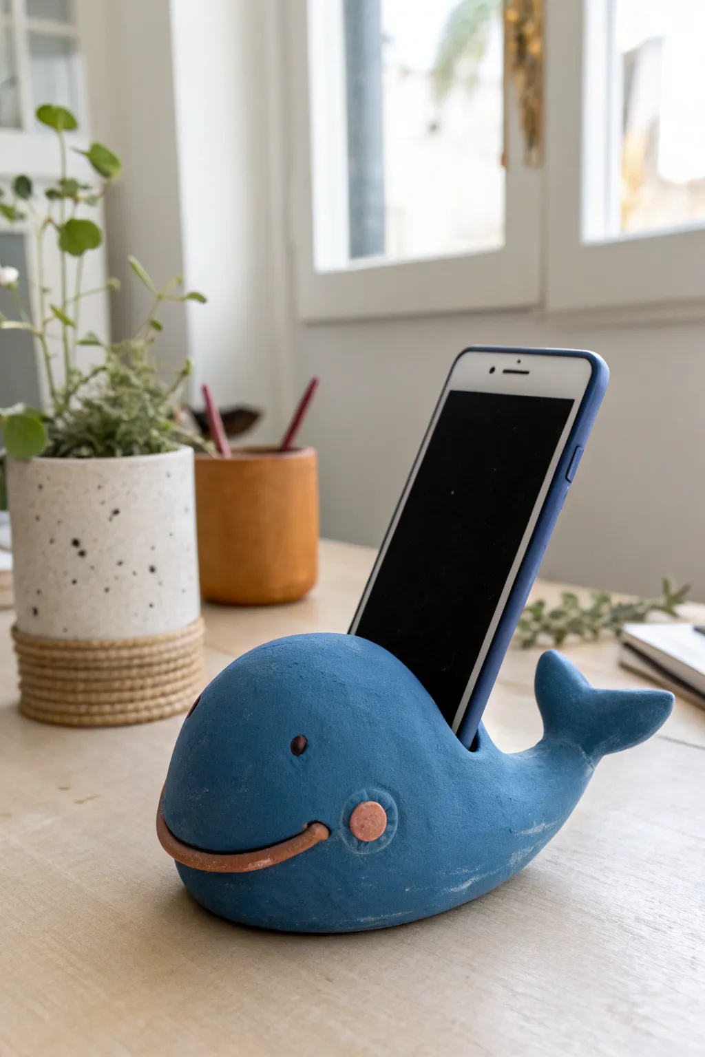 A goofy grinning clay whale phone holder that keeps your phone propped up in cute style