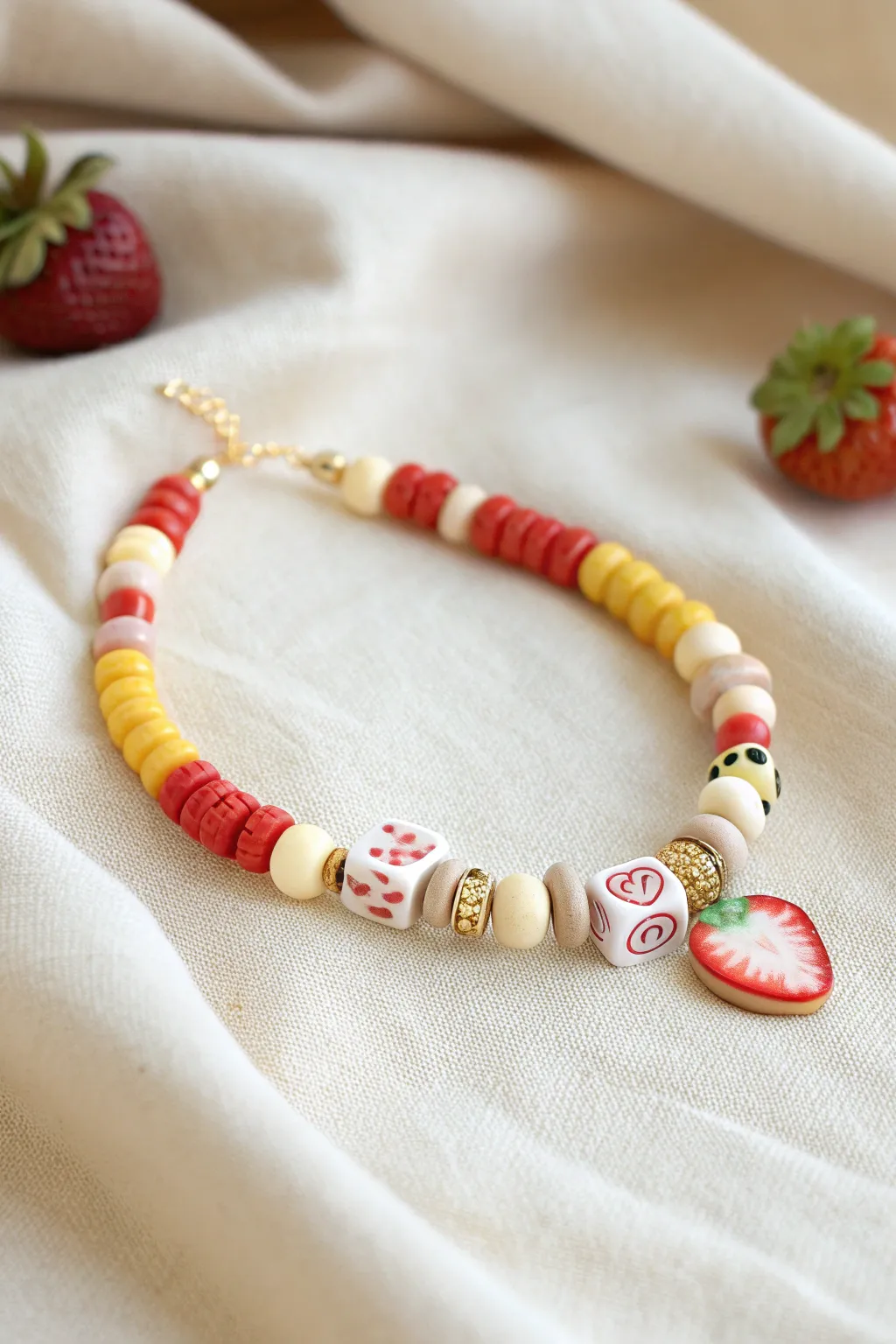 Snacky clay heishi bracelet in bold warm colors with a cheeky charm for pun inspired vibes