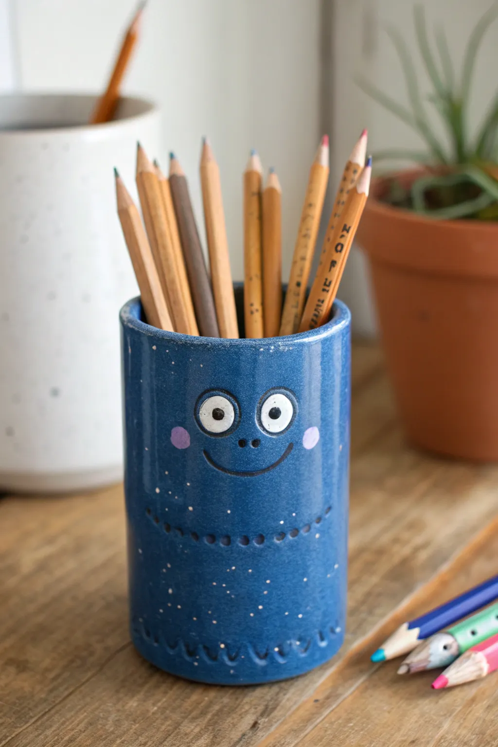 Derpy pencil cup with tiny hugging arms, ready to bravely hold your pencils and your chaos.