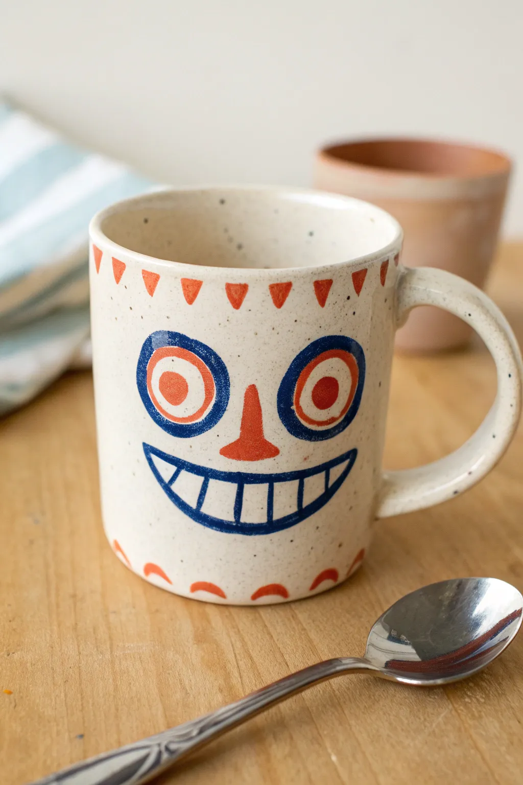 Googly-eyed mug that stares back, bold colors on a clean Scandinavian backdrop with a spoon for scale.