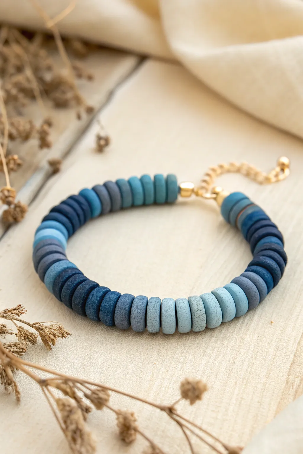 Smooth ombre clay disc bead bracelet from deep navy to pale blue, clean and boho-minimal.