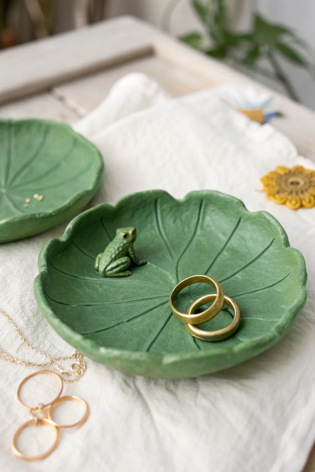 Cute green frog lily pad trinket tray in air dry clay, a minimal pond-inspired ring holder